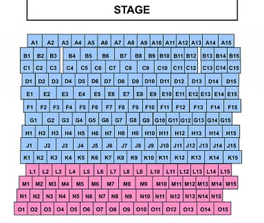 Rows A-K are Section One; L-O are Section Two. Columns are numbered one to fifteen, from right to left facing the stage.